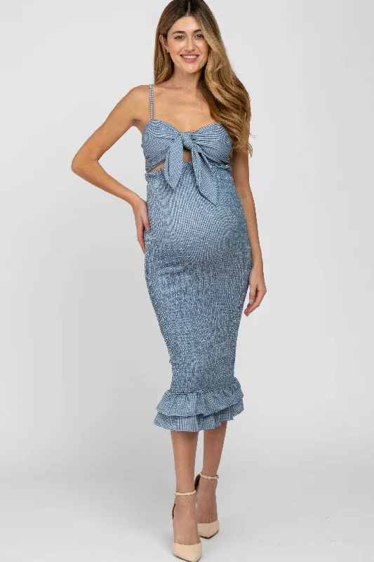 Chic Women's Outfit Seize Bargains Blue Gingham Print Smocked Fitted Self-Tie Maternity Midi Dress