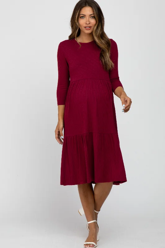 Women's Festive Attire Summer Fashion Burgundy Tiered Ribbed 3/4 Sleeve Maternity Midi Dress