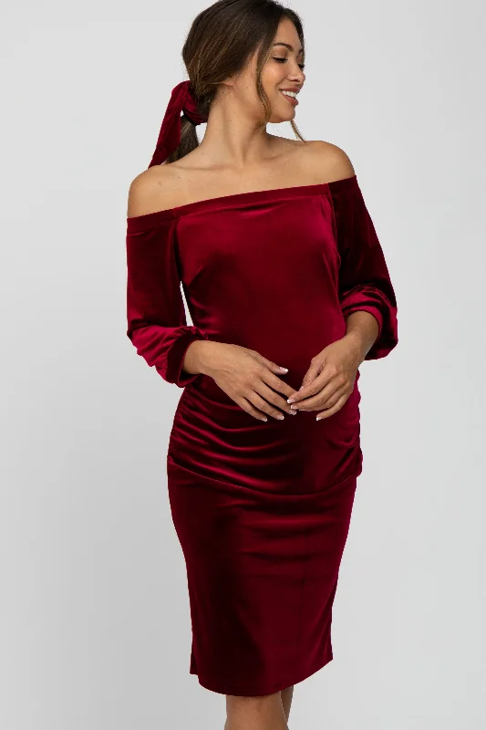 Affordable Women's Clothes Fashion Sale Burgundy Velvet Off Shoulder Fitted Maternity Dress