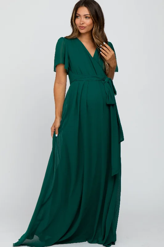 Trendy Athleisure Clothing For Women Catch Every Fashion Trend Forest Green Chiffon Short Sleeve Maternity Maxi Dress