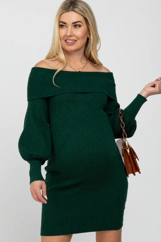 Women's Contemporary Apparel Modern Fashion Sale Forest Green Off Shoulder Bubble Sleeve Maternity Sweater Dress