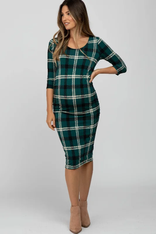 Women's Athletic Outfit Chic And Edgy Forest Green Plaid 3/4 Sleeve Ruched Maternity Dress