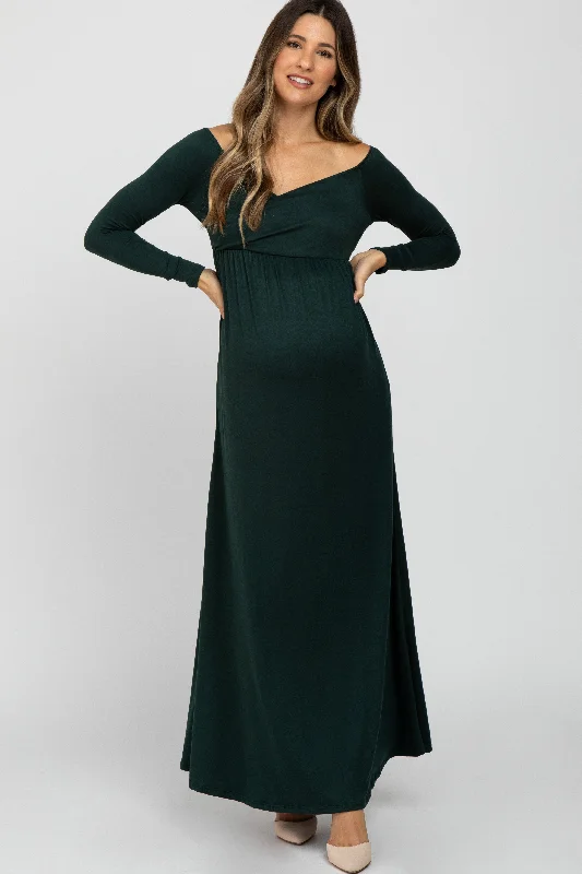 Chic Women's Garments Comfort Meets Fashion Forest Green Wrap Front Empire Waist Maternity Maxi Dress