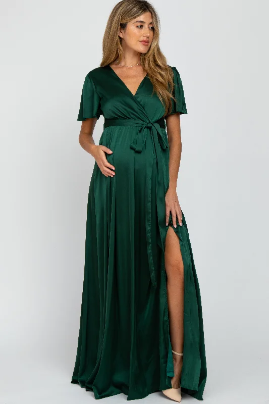 Women's Trendy Outfit Timeless Elegance Redefined Green Side Slit Satin Maternity Maxi Dress