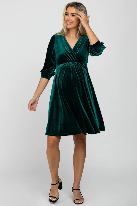 Women's Elegant Garments Trend Alert Green Velvet Wrap Front Babydoll Maternity Dress