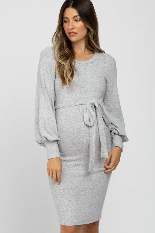 Women's Comfy Attire For Lounging New Season Fashion Preview Heather Grey Soft Brushed Waist Tie Bubble Sleeve Maternity Dress