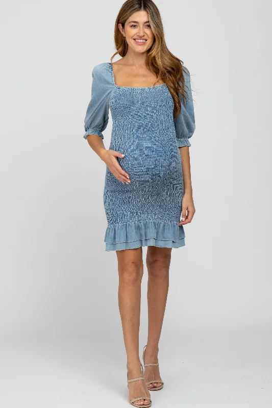 Modern Women's Clothes Mega Sales Light Blue Square Neck Smocked Denim Maternity Dress