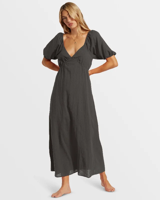 Women's Trendy Outfit Seasonal Picks Love Fade Puff Sleeve Maxi Dress - Black Sands