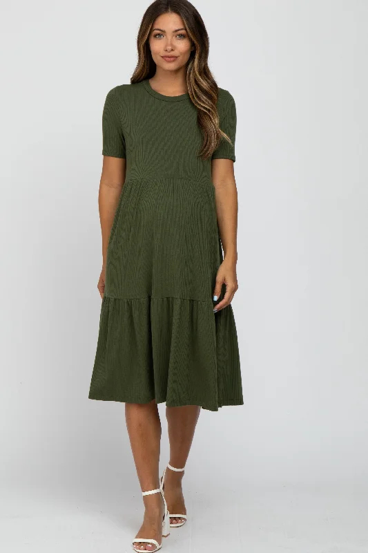 Vintage-Inspired Garments Elegant Fashion Offers Olive Ribbed Tiered Maternity Dress