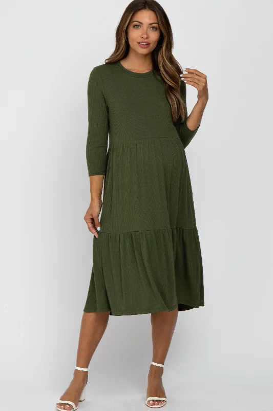 Women's Casual Attire Fashion-Forward Olive Tiered Ribbed 3/4 Sleeve Maternity Midi Dress