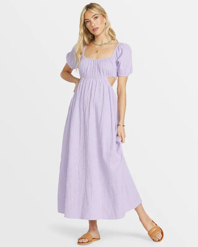 Women's Outdoor Attire Fall Sale, Prices Drop On The Coast Puff Sleeves Midi Dress - Purple Rose