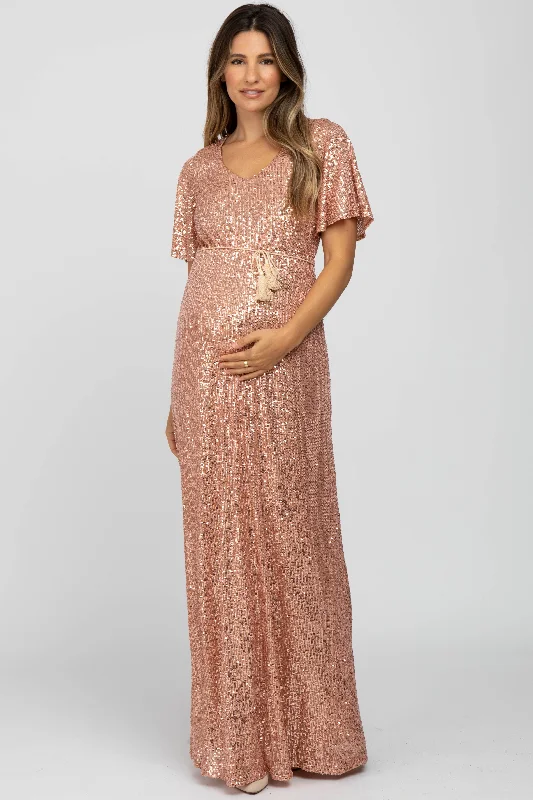 Women's Activewear Apparel Modern Fashion Sale Pink Sequin Short Sleeve Maternity Maxi Dress