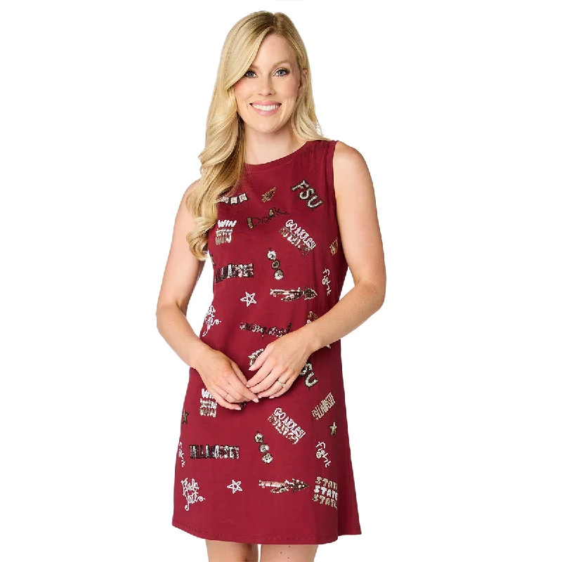 Charming Women's Holiday Apparel Feminine Luxe Style Sale Stewart Simmons Women's Sequin Florida State Multi Logo All Over Design Sleeveless Dress - Garnet