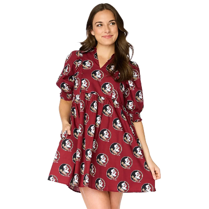 Women's Clothes Hurry Before It'S Gone Stewart Simmons Women's Seminole Logo Pattern Oversized V-Neck Poplin Dress - Garnet