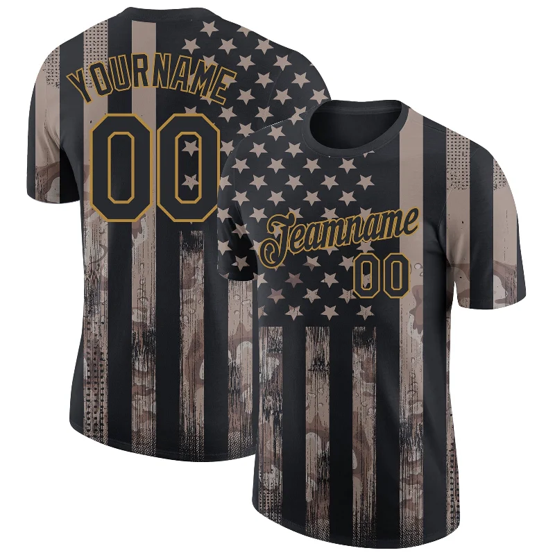 Bold And Trendy Gender-Neutral Outfits Style Revolution Custom Camo Black-Old Gold 3D American Flag Fashion Performance Salute To Service T-Shirt