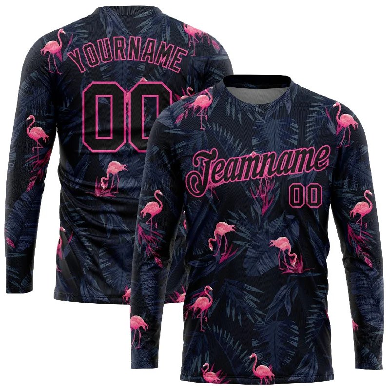 Fashion-Forward Gender-Neutral Outfit Ideas Clearance Event Custom Black Black-Pink Flamingo 3D Pattern Long Sleeve Performance T-Shirt