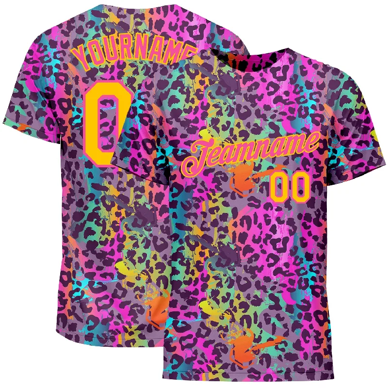 High-Quality Unisex Basics For Everyday Wear Classy Style Discounts Custom Graffiti Pattern Gold-Pink 3D Colorful Leopard Performance T-Shirt