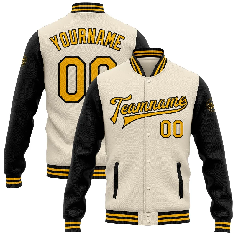 Breathable And Lightweight Unisex Wear Forward Trendsetter Custom Cream Gold-Black Bomber Full-Snap Varsity Letterman Two Tone Jacket