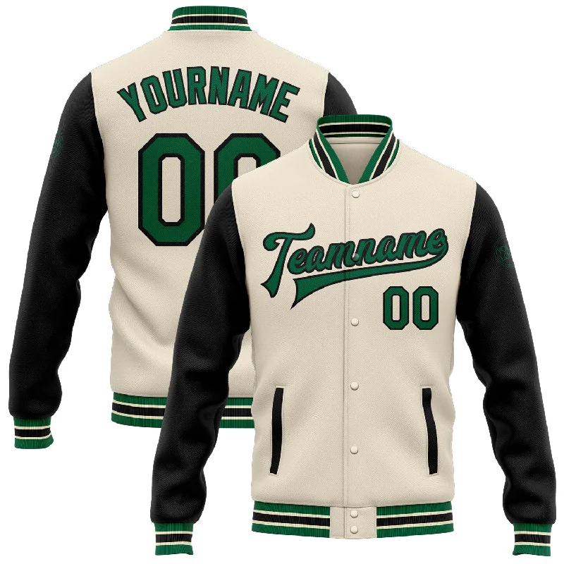 High-Quality Unisex Basics For Everyday Wear Dive Into Trendy Styles Custom Cream Kelly Green-Black Bomber Full-Snap Varsity Letterman Two Tone Jacket