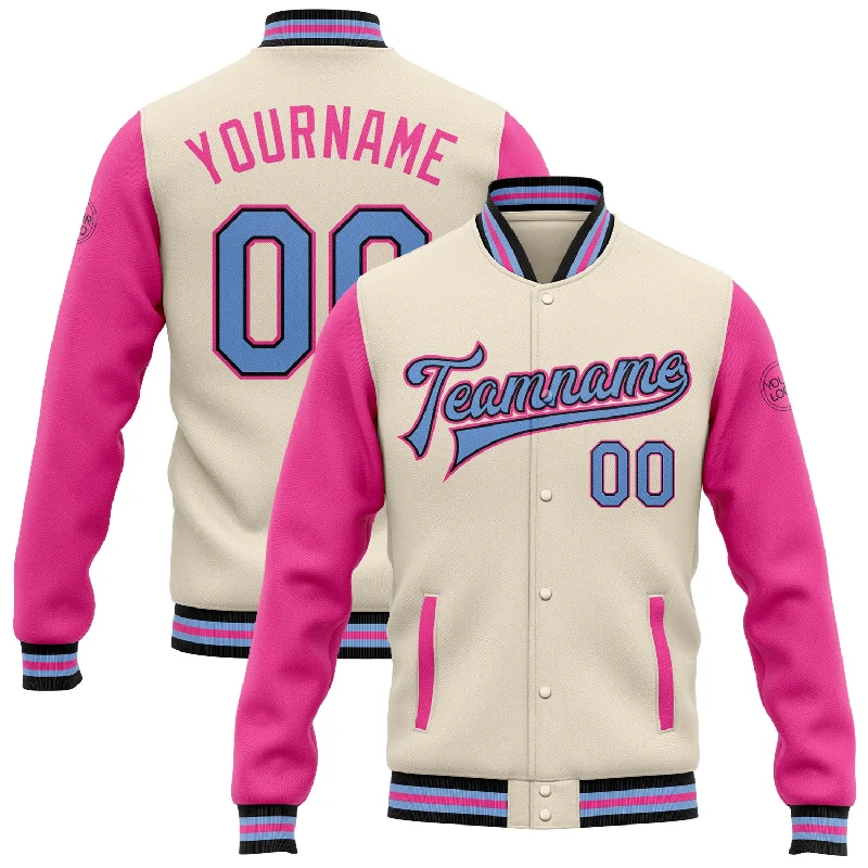 Oversized And Relaxed Unisex Fashion Catch Every Fashion Trend Custom Cream Light Blue Black-Pink Bomber Full-Snap Varsity Letterman Two Tone Jacket