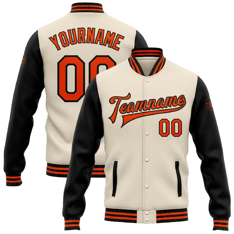 Fashion-Forward Gender-Neutral Outfit Ideas Trendy Threads Custom Cream Orange-Black Bomber Full-Snap Varsity Letterman Two Tone Jacket