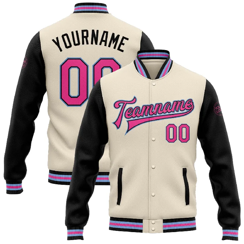 High-Quality Unisex Fashion Basics Huge Discounts This Week Custom Cream Pink Black-Light Blue Bomber Full-Snap Varsity Letterman Two Tone Jacket