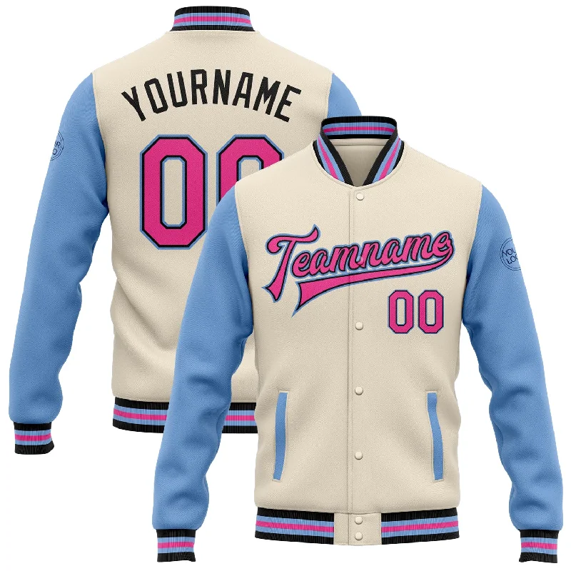 Bold And Trendy Gender-Neutral Outfits Flash Sale Starts Custom Cream Pink Black-Light Blue Bomber Full-Snap Varsity Letterman Two Tone Jacket