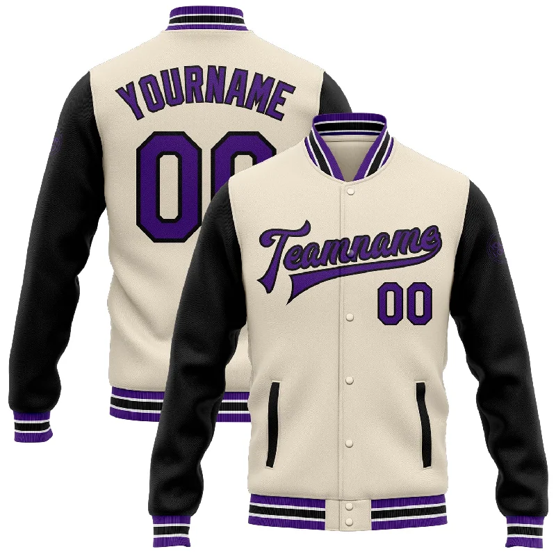 Trendy Unisex Sale Event, Prices Rock Custom Cream Purple-Black Bomber Full-Snap Varsity Letterman Two Tone Jacket