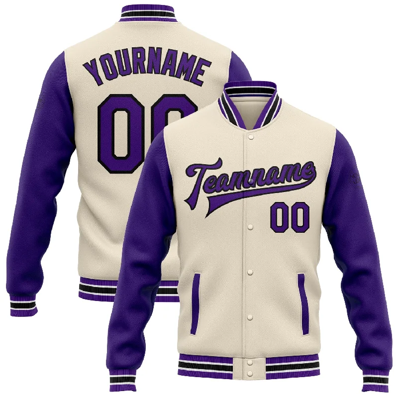 High-Quality Unisex Fashion Basics Find Your Unique Flair Custom Cream Purple-Black Bomber Full-Snap Varsity Letterman Two Tone Jacket