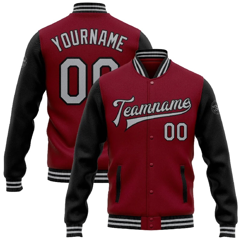 Fashion-Forward Unisex Apparel Spring Fashion Custom Crimson Gray-Black Bomber Full-Snap Varsity Letterman Two Tone Jacket