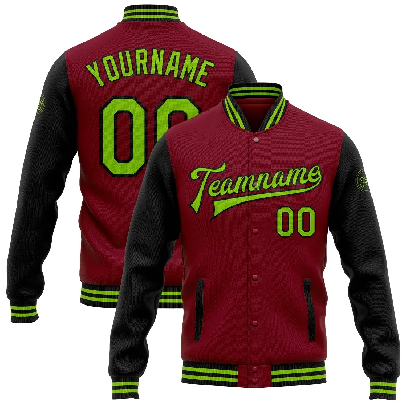 Versatile Clothing For All Genders Trend Alert Custom Crimson Neon Green-Black Bomber Full-Snap Varsity Letterman Two Tone Jacket