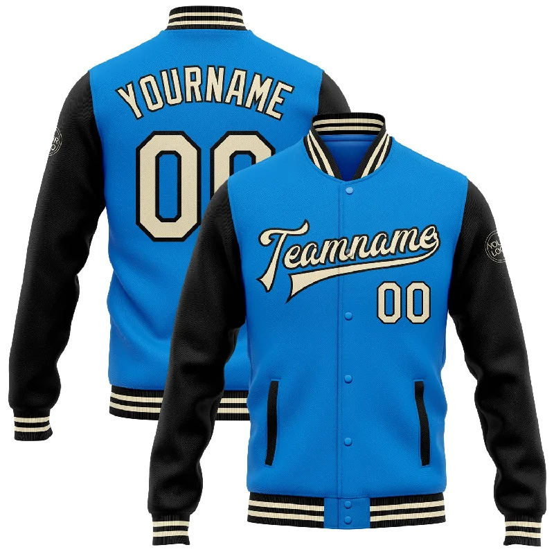 High-Quality Unisex Fashion Basics Statement Fashion Offers Custom Powder Blue Cream-Black Bomber Full-Snap Varsity Letterman Two Tone Jacket