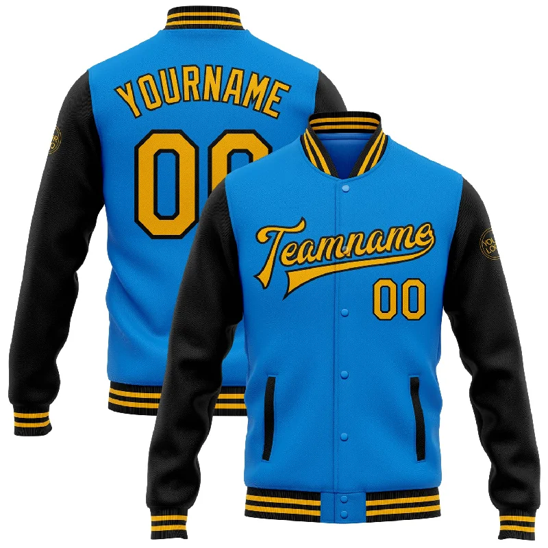 Trendy Unisex Avant-Garde Style Promotions Custom Powder Blue Gold-Black Bomber Full-Snap Varsity Letterman Two Tone Jacket