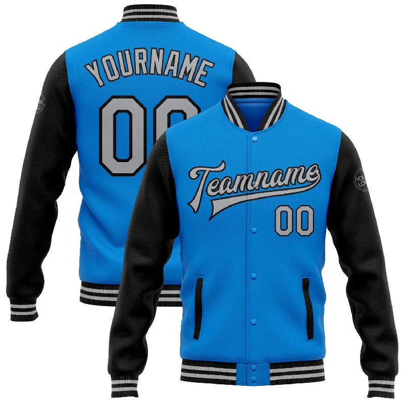 Gender-Neutral Clothing Styles Smart Casual Deals Custom Powder Blue Gray-Black Bomber Full-Snap Varsity Letterman Two Tone Jacket