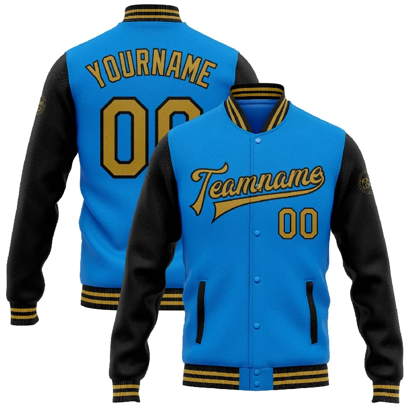 Minimalist Unisex Fashion Essentials Retro Style Promotions Custom Powder Blue Old Gold-Black Bomber Full-Snap Varsity Letterman Two Tone Jacket