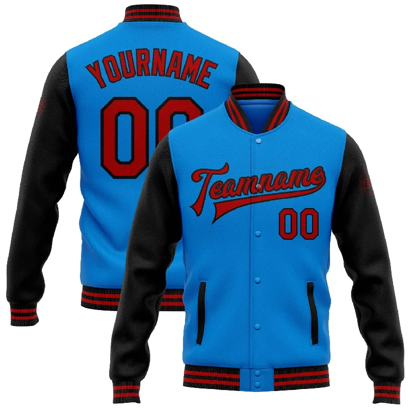 Urban Unisex Fashion Outfits High-End Style Discounts Custom Powder Blue Red-Black Bomber Full-Snap Varsity Letterman Two Tone Jacket