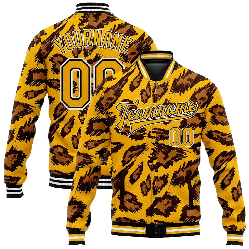 Classic Unisex Fashion Looks Laid-Back Fashion Offers Custom Gold Black-White Leopard Print 3D Pattern Design Bomber Full-Snap Varsity Letterman Jacket