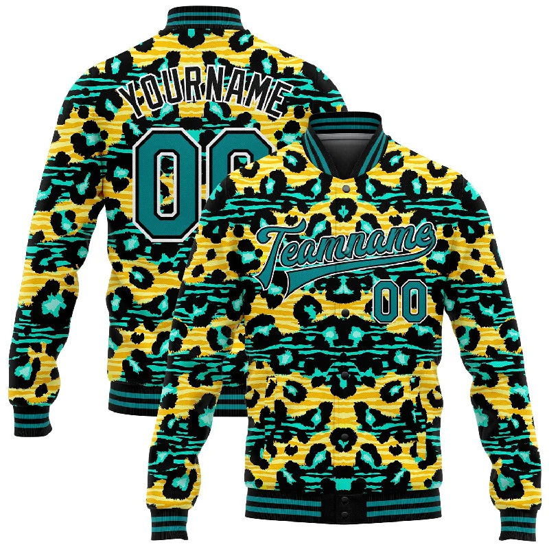 Fashion-Forward Gender-Neutral Outfit Ideas Luxury Casual Deals Custom Gold Teal-Black Leopard And Zebra Print 3D Pattern Design Bomber Full-Snap Varsity Letterman Jacket