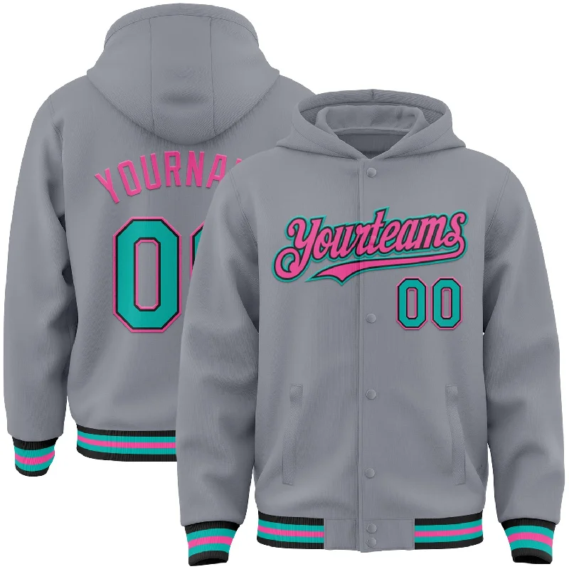 Minimalist Unisex Fashion Must-Haves Sophisticated Street Style Offers Custom Gray Aqua Black-Pink Bomber Full-Snap Varsity Letterman Hoodie Jacket