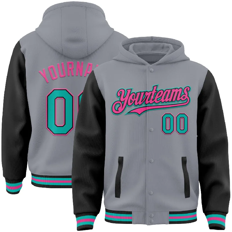 Modern Unisex Clothing For Any Occasion Classic Modern Offers Custom Gray Aqua Black-Pink Bomber Full-Snap Varsity Letterman Two Tone Hoodie Jacket