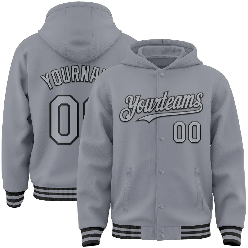 High-Quality Unisex Basics For All Occasions The Good Stuff Custom Gray Black Bomber Full-Snap Varsity Letterman Hoodie Jacket