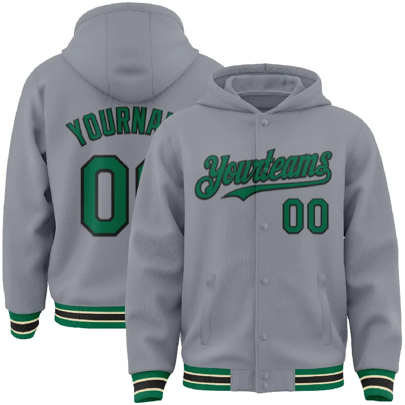 Comfortable Gender-Free Fashion Choices Summer Deals Custom Gray Kelly Green Black-Cream Bomber Full-Snap Varsity Letterman Hoodie Jacket