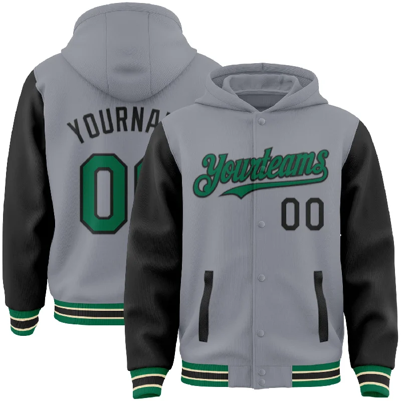 Unisex Casual Fashion Trends Swimwear Summer Blowout Custom Gray Kelly Green Black-Cream Bomber Full-Snap Varsity Letterman Two Tone Hoodie Jacket