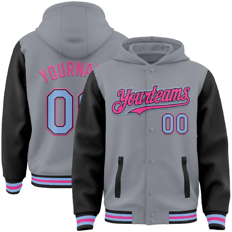 Sleek And Comfortable Unisex Wear Flash Sale Custom Gray Light Blue Black-Pink Bomber Full-Snap Varsity Letterman Two Tone Hoodie Jacket