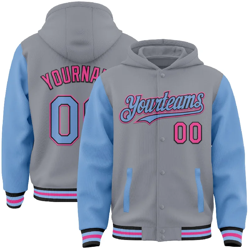 High-Quality Unisex Basics For Everyday Wear Modish Fashion Discounts Custom Gray Light Blue Black-Pink Bomber Full-Snap Varsity Letterman Two Tone Hoodie Jacket