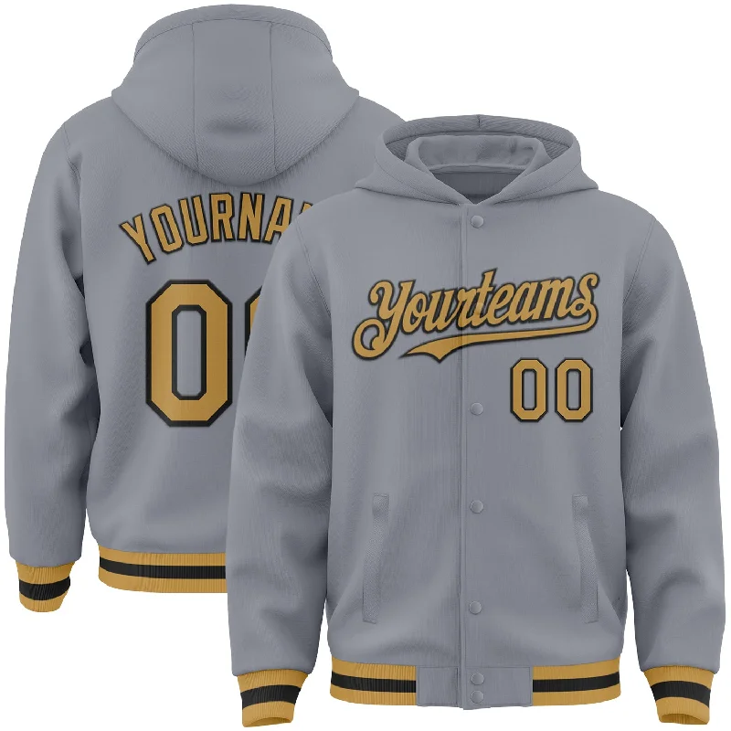 Effortless And Modern Unisex Dressing Hot Sale Custom Gray Old Gold-Black Bomber Full-Snap Varsity Letterman Hoodie Jacket