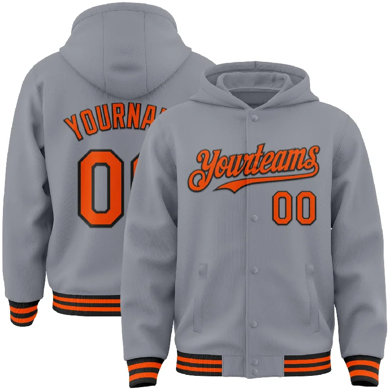 Soft And Breathable Unisex Loungewear Seasonal Style Discounts Custom Gray Orange-Black Bomber Full-Snap Varsity Letterman Hoodie Jacket