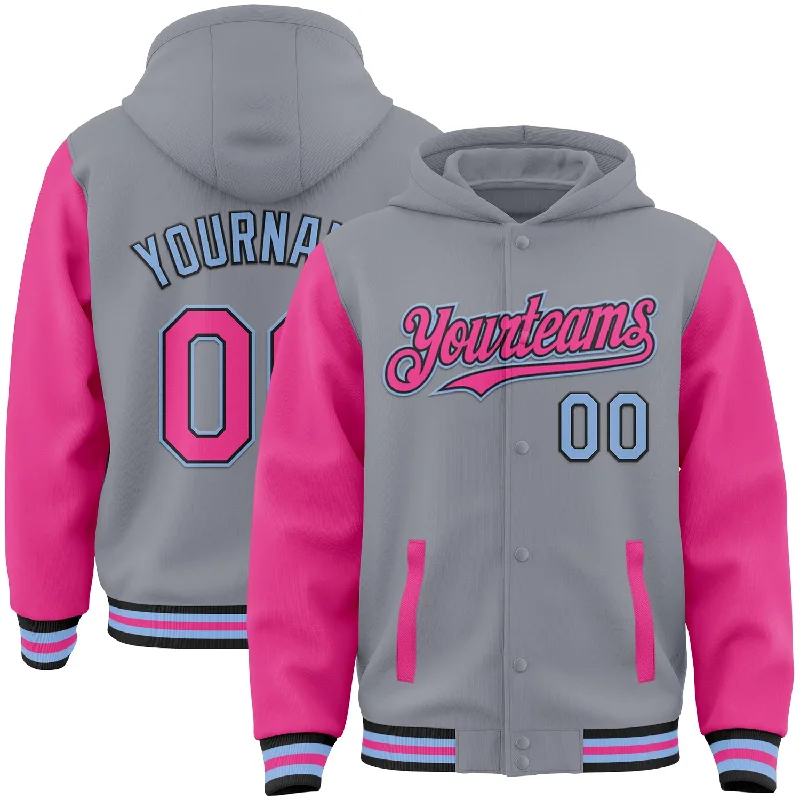 High-Quality Unisex Fashion Basics Summer Deals Custom Gray Pink Black-Light Blue Bomber Full-Snap Varsity Letterman Two Tone Hoodie Jacket