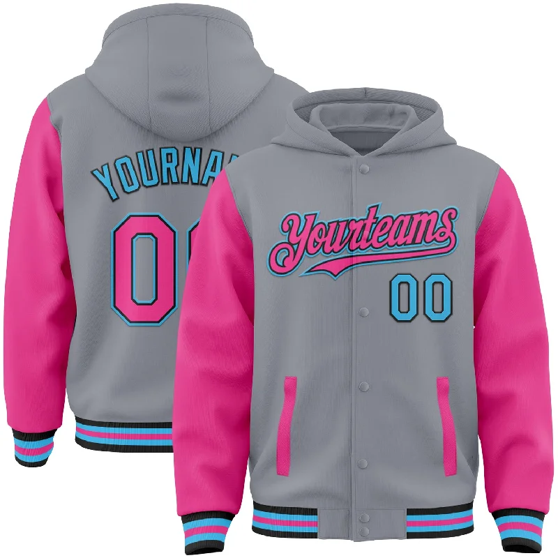 Classic Unisex Fashion Looks Big Discounts Custom Gray Pink Black-Sky Blue Bomber Full-Snap Varsity Letterman Two Tone Hoodie Jacket