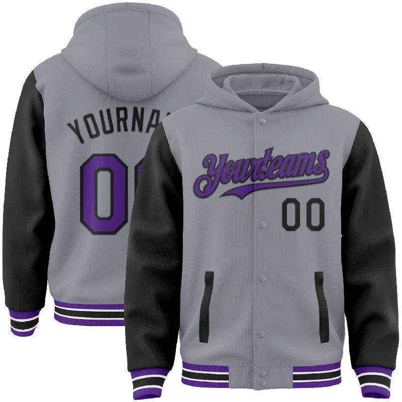 Versatile Clothing For All Genders Vibrant Style Promotions Custom Gray Purple-Black Bomber Full-Snap Varsity Letterman Two Tone Hoodie Jacket